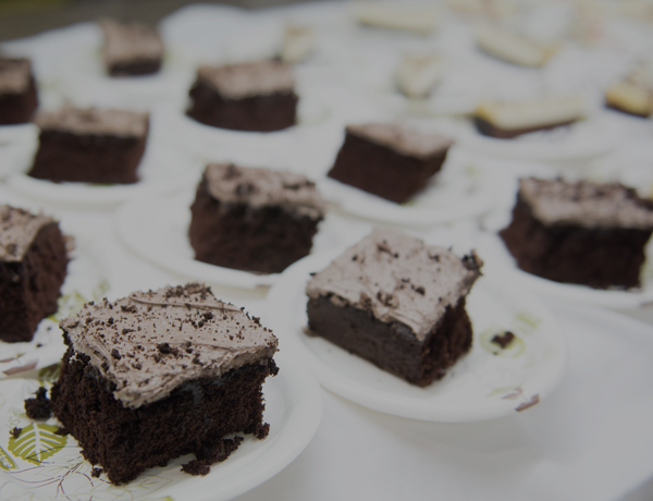 Plates of chocolate cake at the dining center