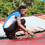 Student scrubbing a roof on a service trip.
